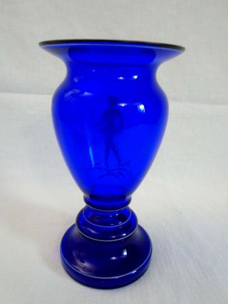 MARY GREGORY HAND PAINTED WHITE ENAMEL ON COBALT GLASS VASE 7.  5” 5