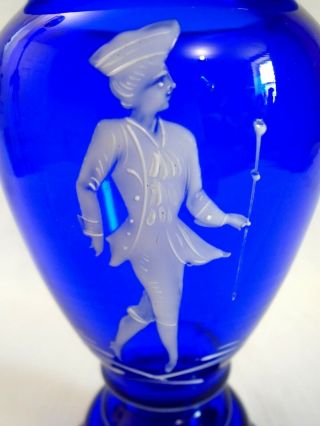 MARY GREGORY HAND PAINTED WHITE ENAMEL ON COBALT GLASS VASE 7.  5” 8