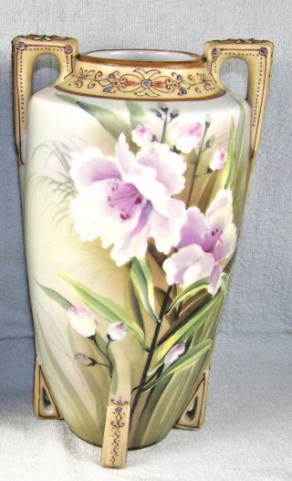 Antique Nippon 10 - 1/4 " Hand Painted & Moriage Vase - Maple Leaf Mark