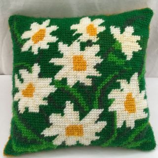 Vintage Needlepoint Pillow Floral Daisy Green Gold 12.  5 " Square Retro 60s - 70s