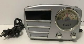Timex Alarm Clock Am/fm Radio Silver T247s Battery Backup Vintage Retro Look Guc