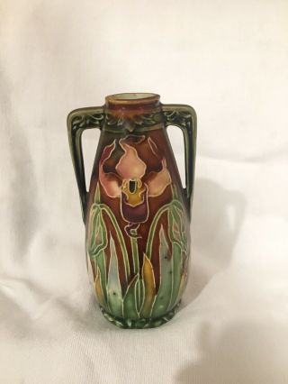 Vintage Antique Art Nouveau Majolica Handled Vase Iris 5” 4331 69