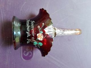 Antique Hand Painted Ruby Red Glass Basket Souvenir Of Pittsburgh Pa