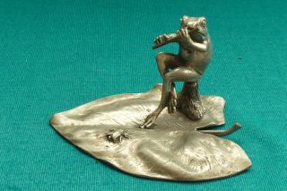Vintage Signed Achille Gamba Novelty Frog On Lily Pad Playing Flute Figure