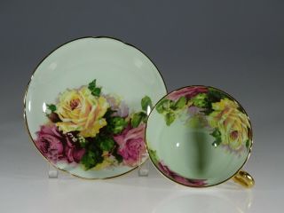 Stanley China Green With Pink & Yellow Cabbage Roses Cup & Saucer,  England 1953
