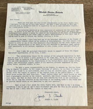 Exc Orig Senator Joseph S.  Clark Historic 1964 Civil Rights Bill “signed” Letter
