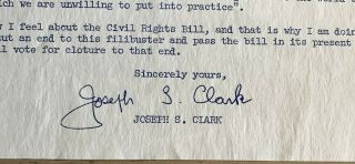 EXC ORIG SENATOR JOSEPH S.  CLARK HISTORIC 1964 CIVIL RIGHTS BILL “SIGNED” LETTER 3