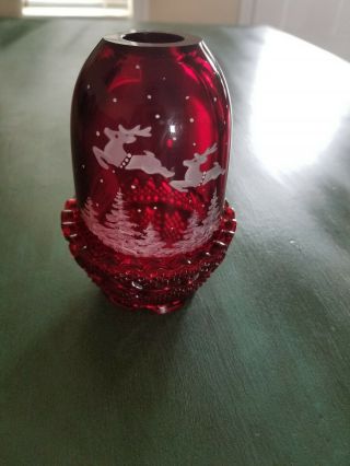 Fenton Glass Antique Ruby Red Fairy Lamp Reindeer 6 " Hand Painted Hand Signed