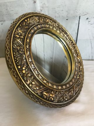Vintage 6 " Small Round Mirror W/ Antiqued 10 " Gold Frame Vanity Tabletop Hanging