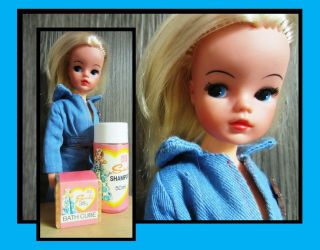 Vintage Sindy Doll,  In Her Double Denim Outfit,  1977,  With Shampoo And Bath Cube