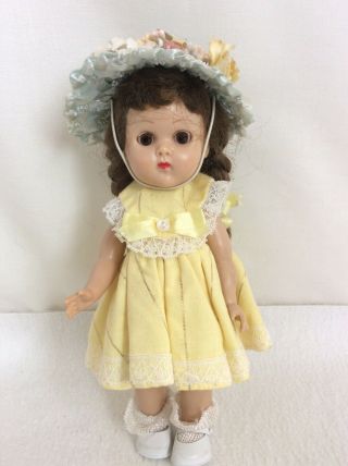 Vintage 1950 " S Vogue Ginny Doll Walker In Yellow Dress With Brown Braids