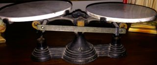 ANTIQUE CAST IRON AND BRASS AND PORCELAIN BALANCE SCALE NO.  4 2