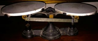 ANTIQUE CAST IRON AND BRASS AND PORCELAIN BALANCE SCALE NO.  4 4