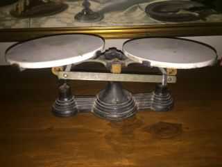 ANTIQUE CAST IRON AND BRASS AND PORCELAIN BALANCE SCALE NO.  4 5