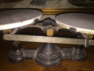 ANTIQUE CAST IRON AND BRASS AND PORCELAIN BALANCE SCALE NO.  4 6