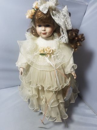 Vintage Porcelain Doll Court Of Dolls Brown Curly Hair White Dress Angel