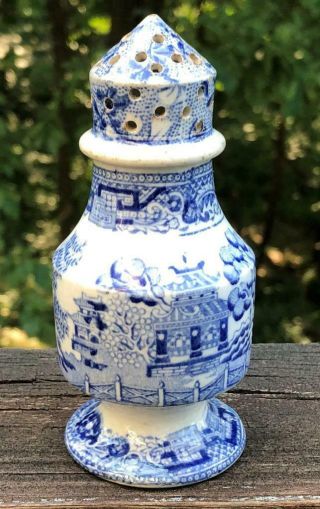 Antique Staffordshire Blue Willow Cone Shaped Pepper Pot Or Shaker,  C.  1800