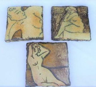 Mitch Yung Sgraffito Design Nude Ceramic Art Studio Tiles Set Of 3 Signed