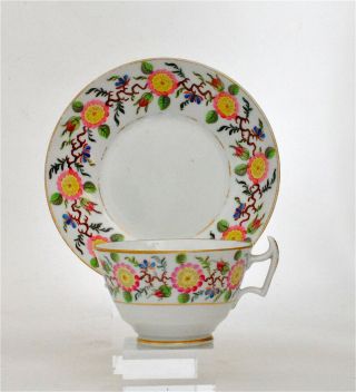 Antique Georgian Country Flowers London Handle Tea Cup & Saucer 1820 