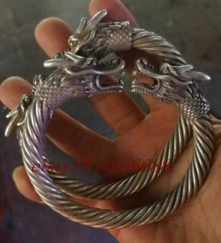 A - Pair - Chinese - Miao - Silver - Dragon - Cuff - Bangle - Bracelet Aaaa