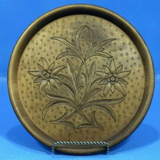 Antique Swiss Black Forest Wood Carving Plate Plaque Edelweiss Relief C1920s