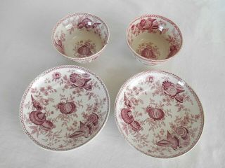 2 Antique Shell Red & Purple Transferware Cups & Saucers W.  Ridgway 1840