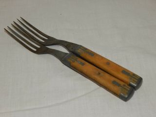Set Of 2 Antique Civil War Era Bone Handle 3 Tine Forks With Pewter Inlay