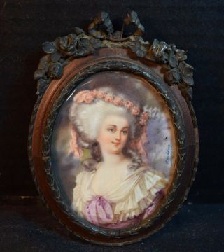 Antique Oval Miniature Portrait Of 18th Century Young Woman
