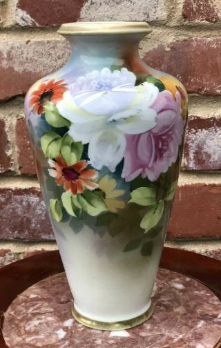 Antique Nippon Hand Painted Floral Vase 5.  5” X 9”