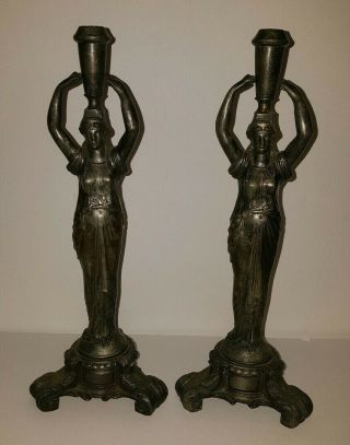Antique Victorian Candlestick Holder Set Silver Tone Metal Woman Figural Nouveau