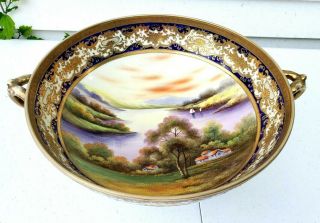 Large Hand Painted Unmarked Nippon Antique Footed Punch Bowl Cobalt & Gold