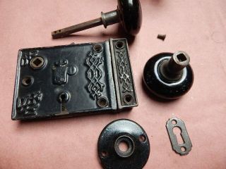 Antique Door Rim Lock Black Ceramic Knobs Branford Lock B.  L.  W.  Complete
