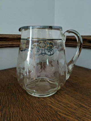Elegant Engraved Cut Glass 8 " Pitcher Sterling Silver Overlay Rim Floral Antique