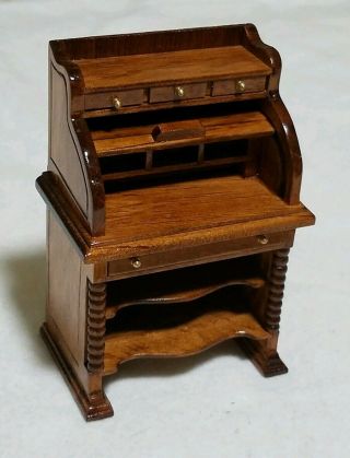 Vtg Dollhouse Wood Furniture Rolltop Desk Miniatures 4 " X 2 1/2 " Drawers Open