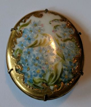 Large Antique Victorian Hand Painted Porcelain Pin Brooch Blue Flowers Gold Trim