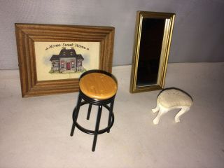 Vintage Dollhouse Miniature Items - Stools - Picture - Mirror