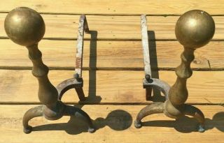 Vintage Pair Set Heavy Solid Brass Fireplace Andirons Claw Foot Ball Finial Top