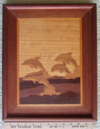 Vtg Inlaid Wooden Picture Framed Jumping Dolphins Sea Ocean 6 Woods 15 " X 12 "