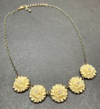Vintage Necklace 20” Antique Carved White Celluloid Flowers Rhinestones