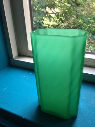 Antique Art Deco Diagonal Pattern Steuben Glass Vase In Jade Green,  7.  25” Inches