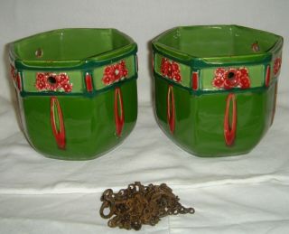 Antique Eichwald Art Nouveau / Secessionist Two Small Green Hanging Planters