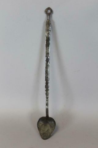 Extremely Rare Signed " M R " 18th C Wrought Iron Tasting Spoon Decorated Shaft