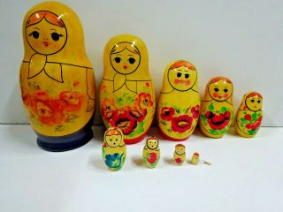 Vintage Russian Ussr Wooden 10 Piece Hand Painted Matryoshka Nesting Dolls 7.  5 "