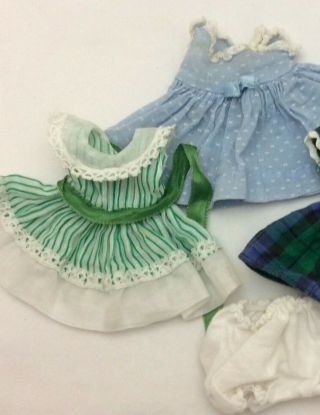 2 Vintage Vogue Ginny Doll Dresses - - 1 Green Striped Tagged & 1 Blue & Bloomers