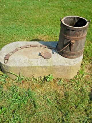 Antique Wood Water Well Bucket - Has Bottom Flapper,  13 Iron Links (totaling 30 "