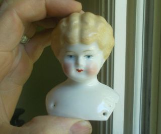 1880s Antique China Doll Head 3 " Tall Hand Painted Blonde Hair Blue Eyes