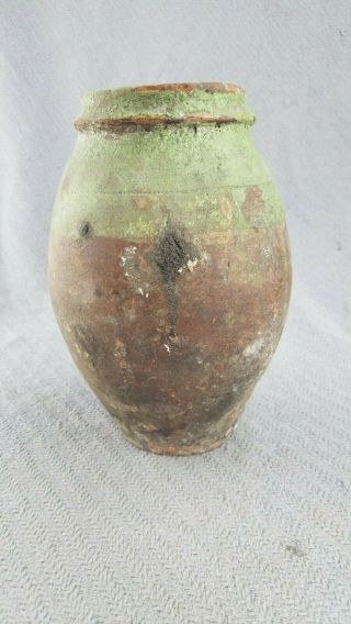 Antique 19th Century Terracotta Redware French Confit Pot With Green Glaze