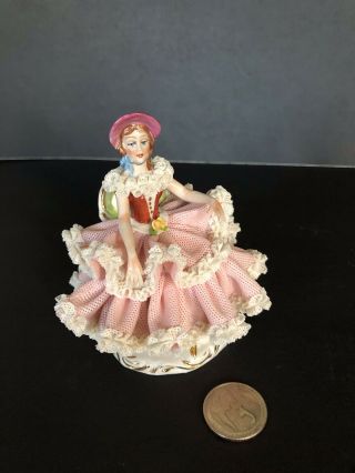 Vintage Dresden Germany Lace Porcelain Lady Sitting In Chair Pink Trim
