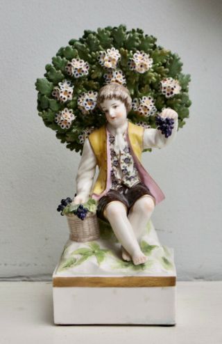 A Charming Antique Porcelain Figure,  Boy With Grapes Sitting Before Bocage