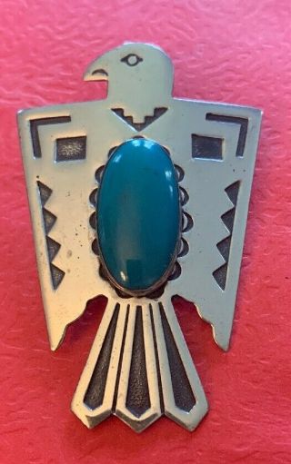 Antique Coin Silver Native American Navajo Thunderbird Eagle Pin Green Turquoise